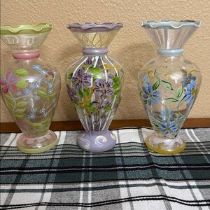 Tracy Porter Glass Hand Painted Floral Bud Vases Ruffled Rim 6 1/2" Set Of 3